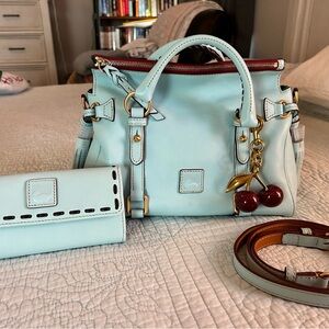 DOONEY & BOURKE FLORENTINE LEATHER MINI SATCHEL IN PALE BLUE W/WALLET & 🍒 CHARM